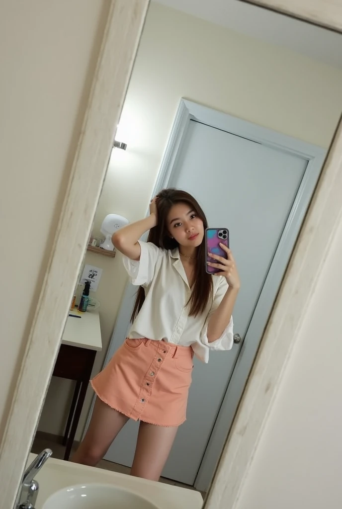 Beautiful 18 year old woman, Brown hair, In skirt, short clothes, taking a photo with their cell phone, head on