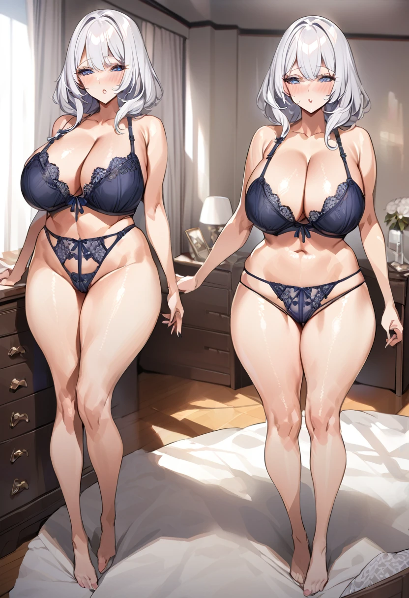 masterpiece, best quality, anime mom, laced panties, big breasts, full body, laced bra, bedroom, sexy