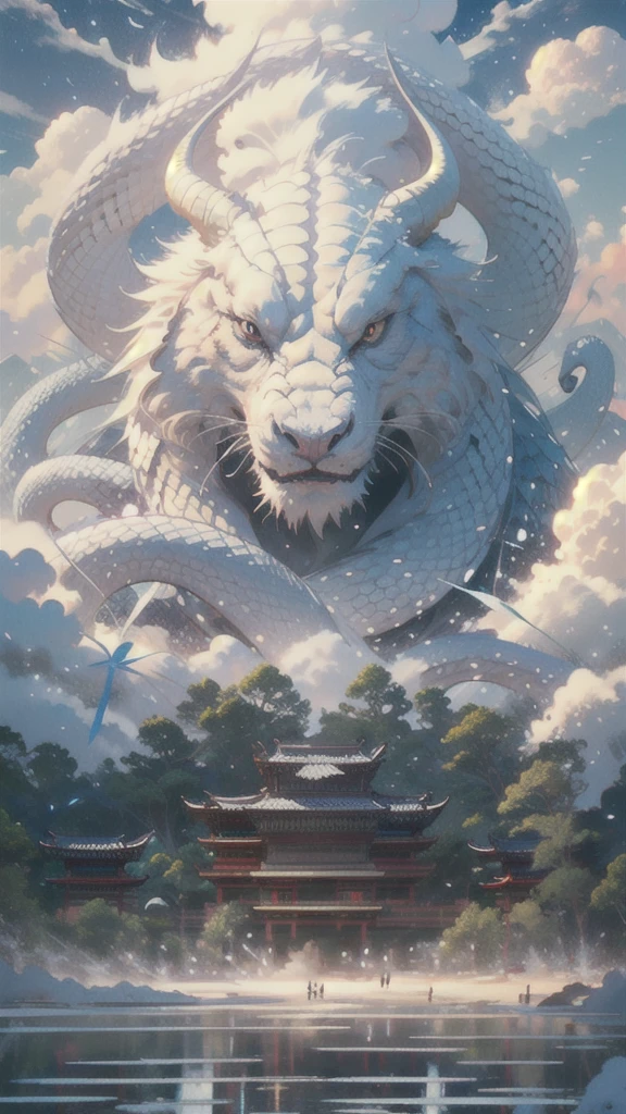 BJ_Sacgreen_bEast,green_eye,Outdoor,Horn,null,cloud,no_human,bird,cloudy_null,scenery,stage,Fantasy,White Snake,architecture,East_Asian_architecture,Eastern_White Snake,Cinema Lighting,Strong contrast,High level of detail,Highest quality,masterpiece,