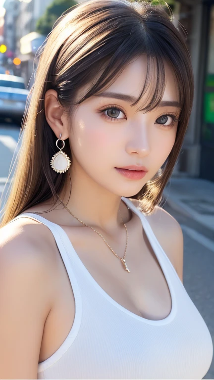 Highest quality, (beautiful)、Large breasts、、Brown Hair、Looking into the camera、Sleeping in bed、close、necklace、Earrings、night、、naked