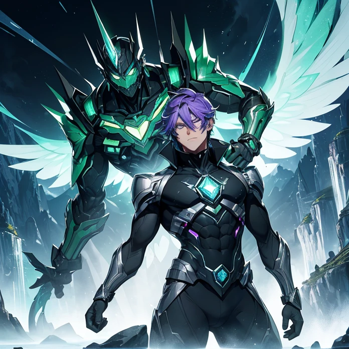 {{80 years old male elder Decepticon-Shockwave:(biomechanical characterustics, purple skin, blue cyclopean eye, squared head, yellow diamond crest on his forehead, has no mouth, silver wings at left and right of the head, long green arms, white six-fingered clawed hands, slender torso, green cuirass, green and black pants, silver diamond squared belt)(confident pose, powerful pressence, imponent arrogant demeanor, open left hand, left arm rised, right hand clenched, showing elegant greatness of himself),(green planet, green rocky landscape, darker black sky, yellow light stars in the darker black sky, several blue-diamond-skyscrappers at the green rocky surface)}}