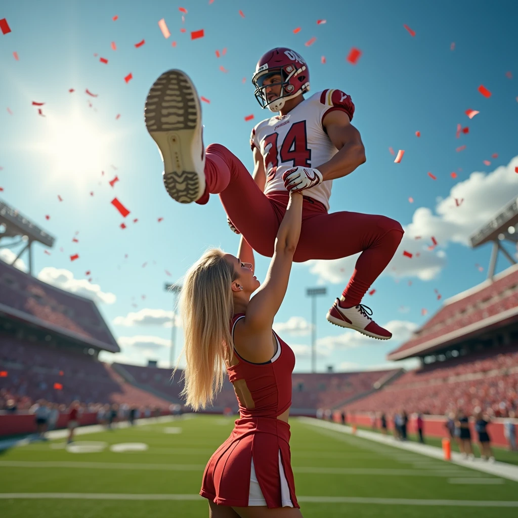 Blonde, Beautiful, and strong girl cheerleader lifting a large male football player high above her head with her strong arms. Photorealistic. View from a distance. Wide angle. Male on top.