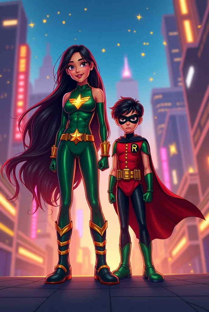 create an Asian girl with an Asian boy next to her with Starfire's clothes on the girl and for the boy with Robin's clothes. Starfire and Robin are from Teen Titans