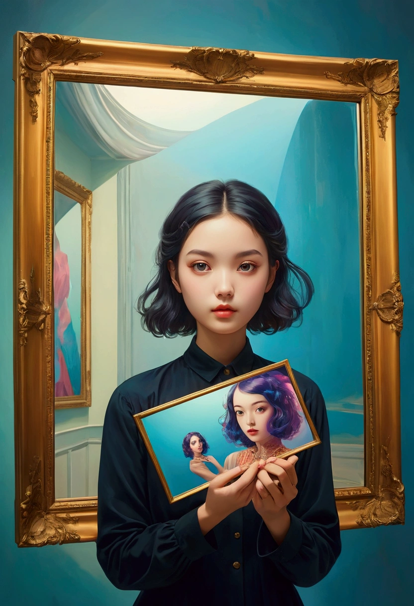 A person holding a photo frame with a beautiful girl's photo, surreal art illustration, vibrant colors, detailed mirror reflections, realistic lighting, emphasis, portrait, surrealism, ethereal, distorted, abstract, conceptual art