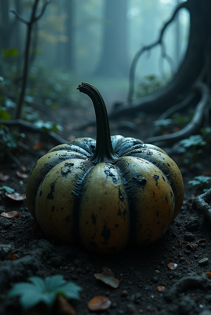 a book of shadows, placed in a kind of demonic vegetable that is surrounded by black mud and has characteristics of an umbra environment