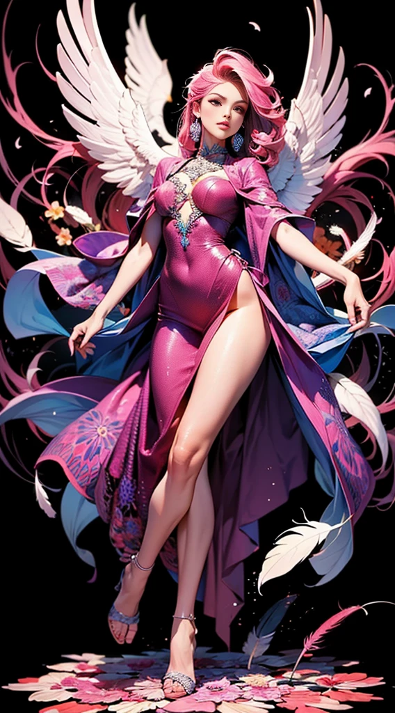 erjie, girl in a fluid and dynamic pose, wearing a loose, flowing pink dress, mysterious expression, curly black and pink hair, [Zhang Ziyi|Aishwarya Rai], in a modern and abstract setting, with bold and colorful abstract art, blurred background, bright lighting, official art, unity 8k wallpaper, (zentangle, mandala, tangle, entangle), intricate clothes,zhongfenghua (full body,from everywhere,masterpiece, top quality, best quality, official art, beautiful and aesthetic:1.2), extremely detailed,(fractal art:1.1),(colorful:1.1)(flowers:1.3),highest detailed,(zentangle:1.2), (dynamic pose), (abstract background:1.3), (shiny skin), (many colors:1.4), (feathers:1.5), dynamic angle, the most beautiful form of chaos, elegant, a brutalist designed, vivid colours, romanticism,