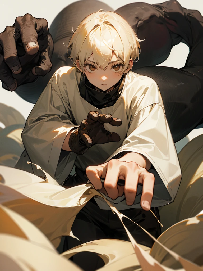 high resolution、、Cream-colored short hair、Brown eyes、Young、Black right hand、大きくてBlack right hand、Monster's right hand
