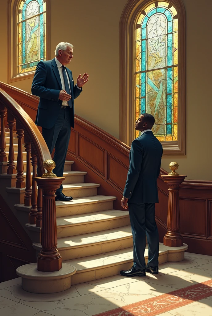 a white man at the top of a staircase asking a black man not to climb the stairs
drawing