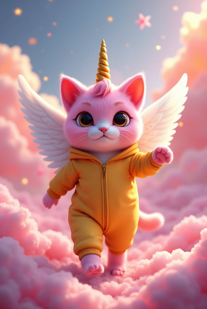 Pink alicorn cat with brown eyes wears a yellow jumpsuit and white wings and a golden horn in the middle of her forehead. 