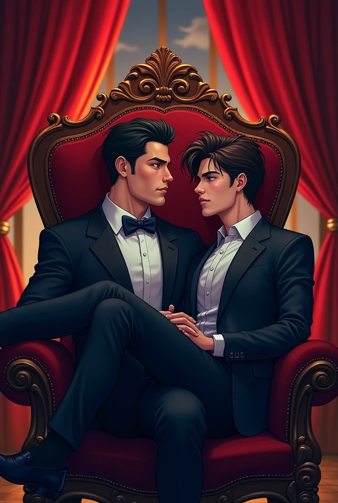 Create a cover for a book on Wattpad that contains the following:: It should be anime style and it should have a mob boss sitting on a chair with a look of excitement and a 25-year-old man sitting on his lap looking into each other's eyes. 
