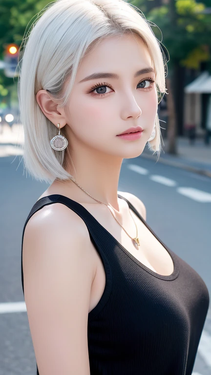 最high quality、masterpiece、High resolution、1 female、necklace、gem、Earrings、Beautiful Face、Body Up、Tyndall effect、Realistic、Rim Light、Two-tone lighting、(High resolutionスキン:1.2)、8k UHD、Digital SLR、Soft lighting、high quality、Volumetric lighting、photograph、High resolution、4K、8k、white haired woman、Adult、Small eyes、Perfect Mouth、Highly detailed eyes and mouth、Black natural eyes、Pure brown hair color、lol、Caucasian skin color、White shirt and random color tank top、Hair quality and shine、street、town、road、congestion、
