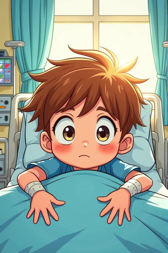 7 year old boy on a hospital gurney in manga style