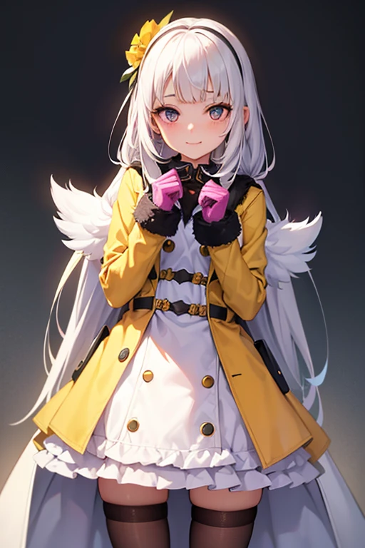 work of art,1 girl, serina, Plata_body hair, mitts, coat_trim, avo_gura, ssmile,  standing alone, offwhite_fund, Pink_eyeballs, yellow dress, looking ahead at viewer 