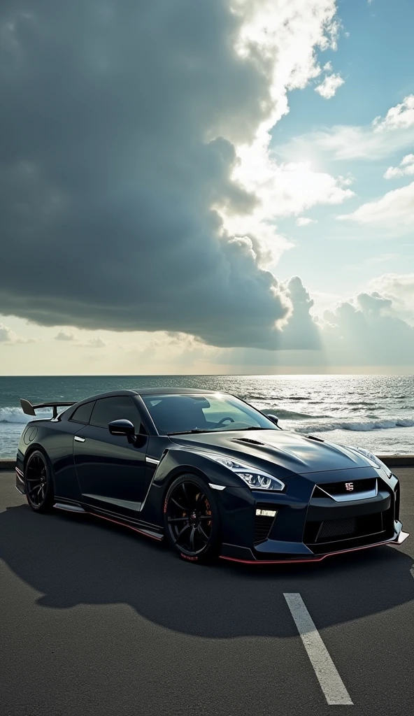 Car Photography, fusion of the design of the latest model Nissan GT-R R35 and Chevrolet Camaro, (((the front design is closer to the Chevrolet Camaro))), BLAKE, parking lot by the sea, typhoon clouds in the distance in the background,