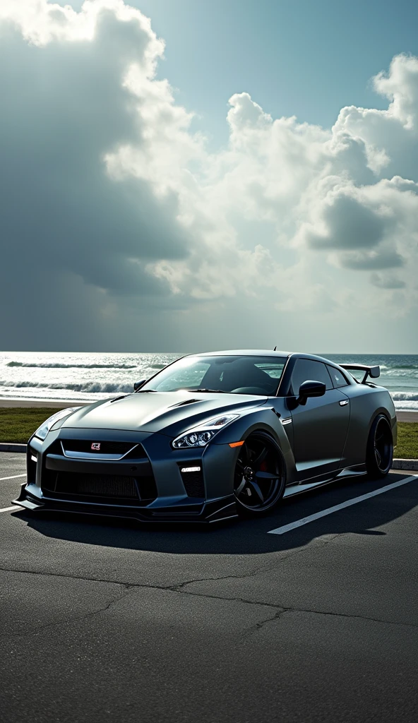 Car Photography, fusion of the design of the latest model Nissan GT-R R35 and Chevrolet Camaro, (((the front design is closer to the Chevrolet Camaro))), BLAKE, parking lot by the sea, typhoon clouds in the distance in the background,