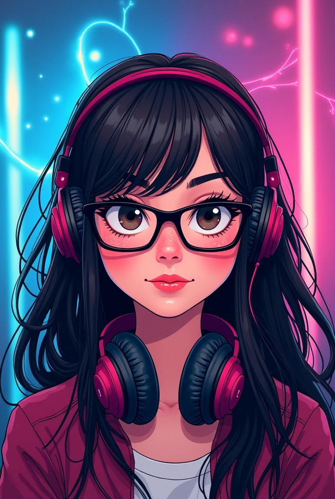 Create a book cover with a age girl with long dark brown hair, wearing square black glasses, with dark brown eyes shining with headphones and pimples on his face