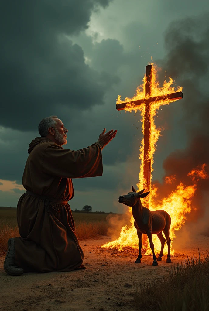 A dramatic scene showing Father Emanoel, kneeling on the dirt floor of the farm, praying fervently while raising the crucifix. The headless mule, In front of him, is agitated, with the flames around his body fading, as if she were being repelled by the father&#39;s prayers. The atmosphere is tense, with the earth shaking beneath the mule&#39;s hooves and the dark sky reinforcing the sense of danger.