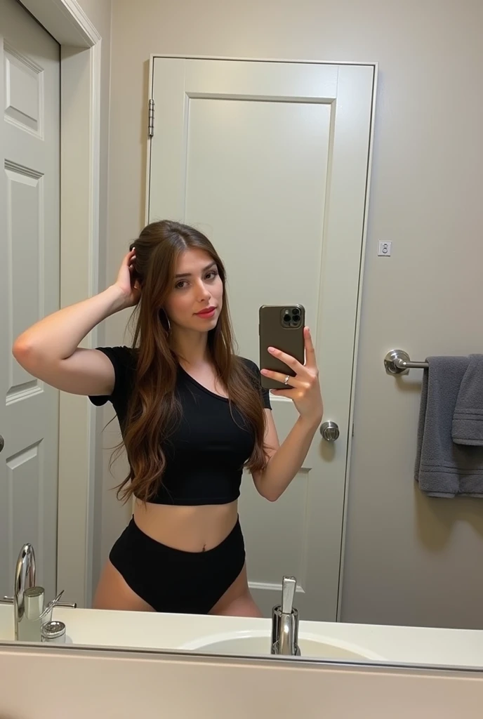 Beautiful 18 year old woman, Brown hair, 17 year old girl, sexy, very beautiful, perfect body, taking a photo with their cell phone, head on
