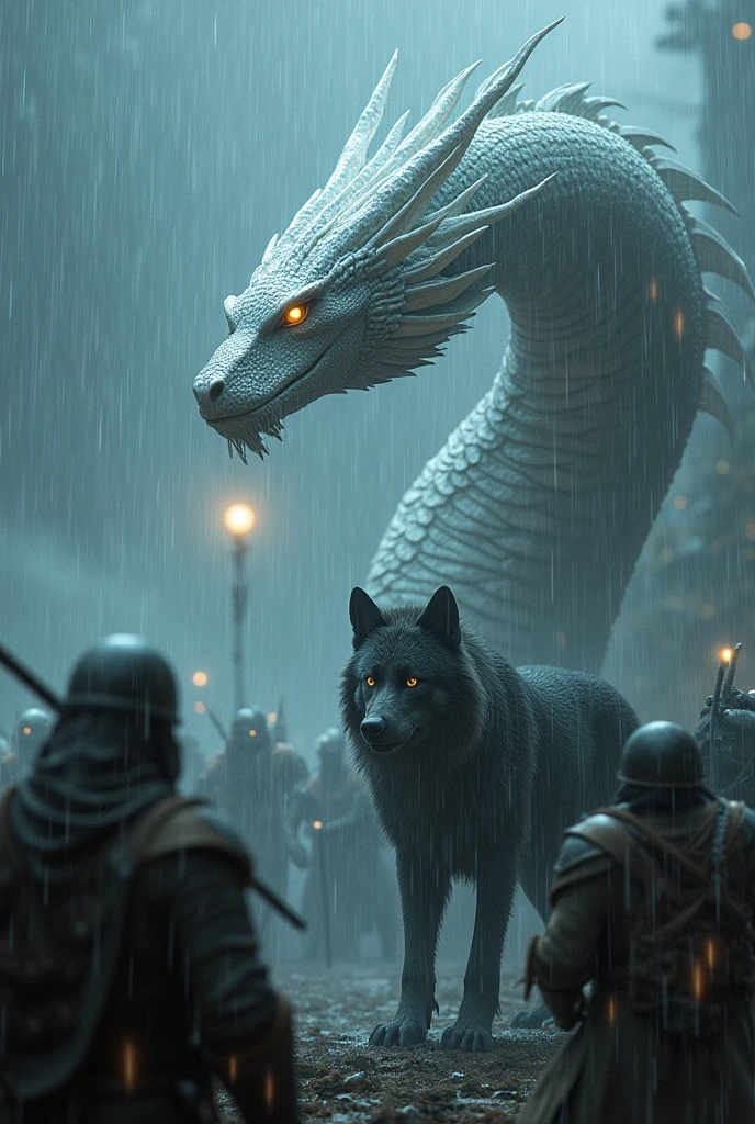 In a war scene in the pouring rain, an ethereal snake dragon with silvery scales winds through the chaos, while a spectral wolf with piercing eyes stands alongside the fighters. The snake dragon emits a mysterious glow, meandering through flashes and flashes of light, while the wolf, surrounded by a dark and powerful aura, watches over the battle with an imposing presence. The torrential rain mixes their shapes, creating a mystical atmosphere,