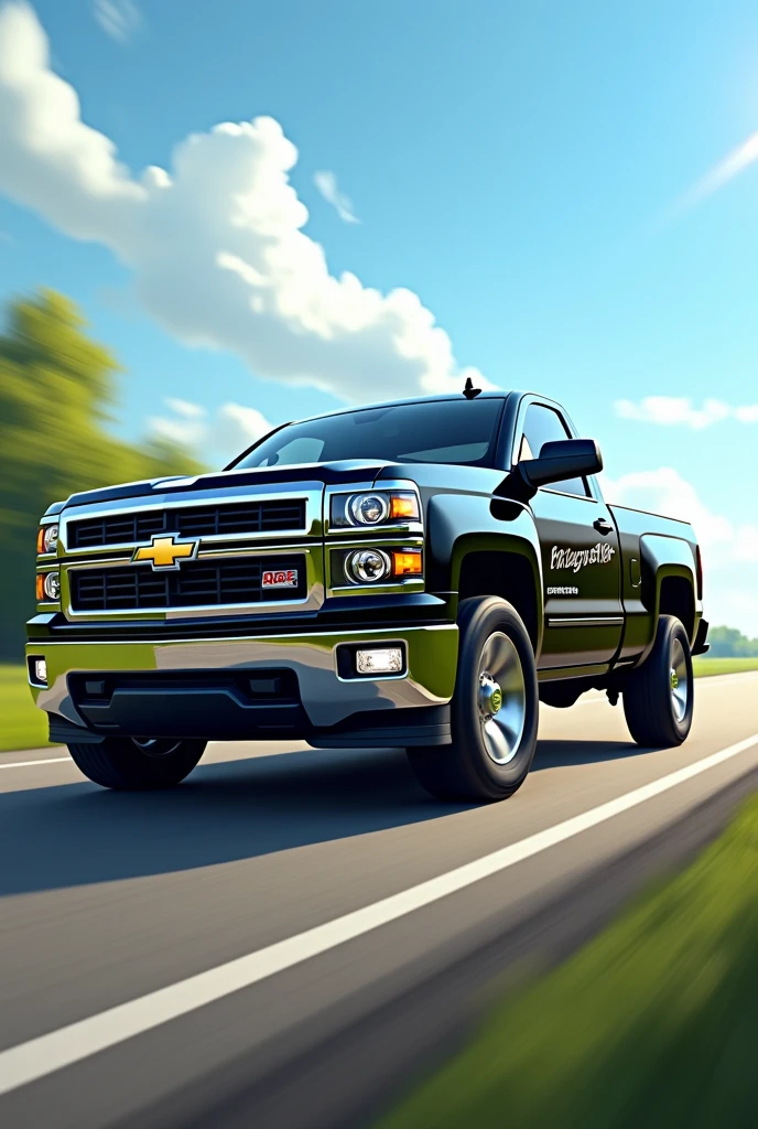 Animated cool image of a 2014 Chevy Silverado black truck with a chrome grill medium size side profile with the words Cheyenne on the door full truck image