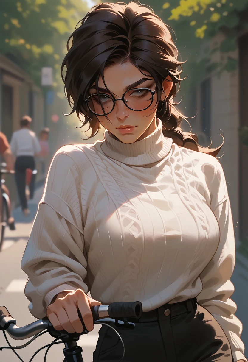 Lara Croft, hyperboobs, face detailing, body detailing, long white sweater, black pants, black glasses, black bicycle
