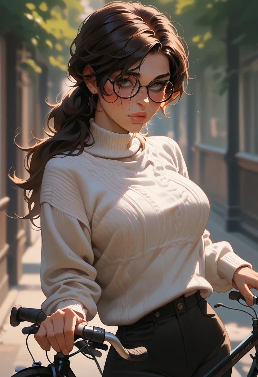 Lara Croft, hyperboobs, face detailing, body detailing, long white sweater, black pants, black glasses, black bicycle