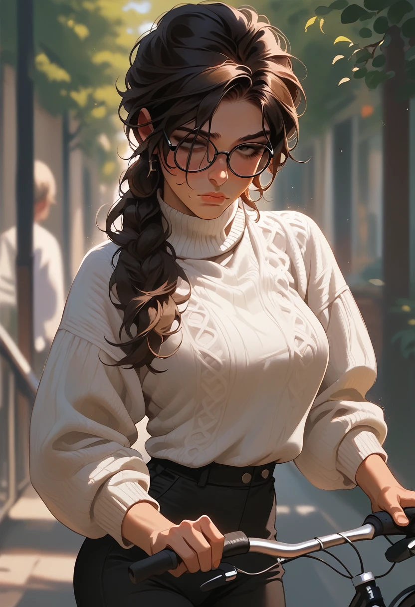 Lara Croft, hyperboobs, face detailing, body detailing, long white sweater, black pants, black glasses, black bicycle