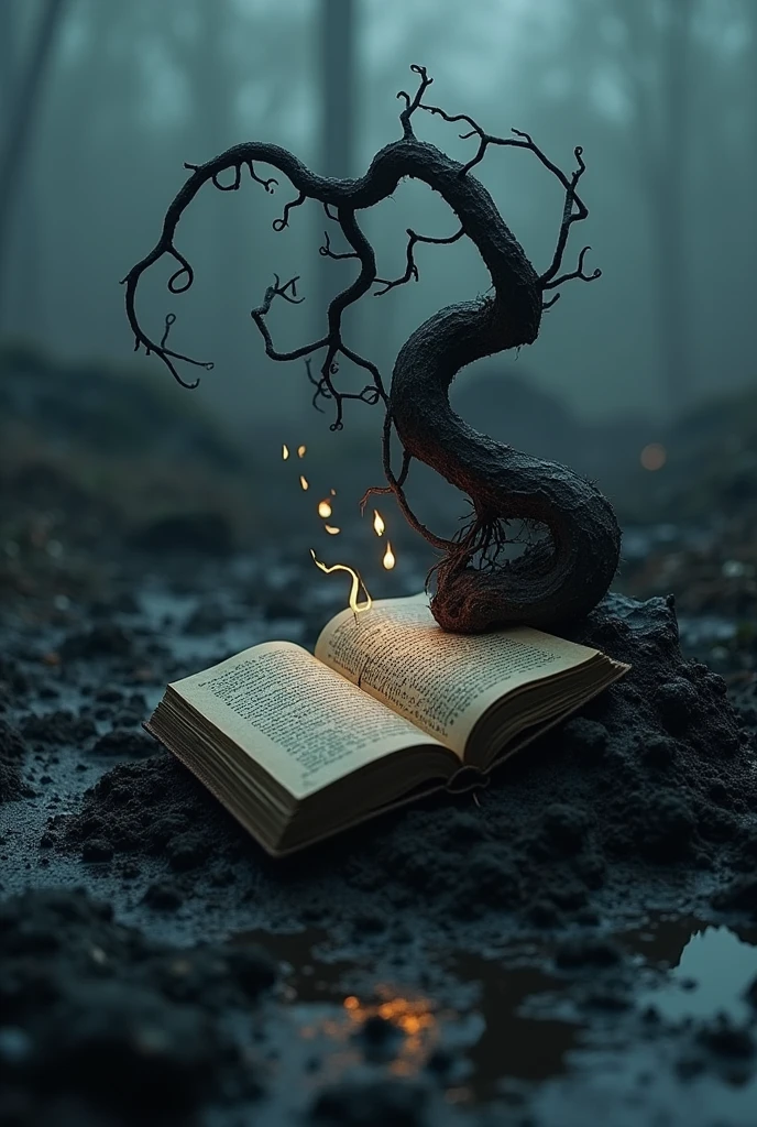a book of shadows, placed in a kind of demonic vegetable that is surrounded by black mud and has characteristics of an umbra environment