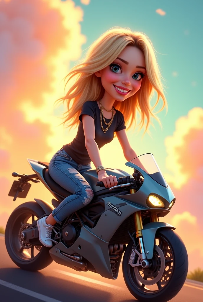 caricature with a super big head of
Avril Lavigne wearing a t-shirt,
ripped jeans, shoes, riding a Ducati
motorbike, smiling expression, bright
color gradient background, Disney
Pixar style HD