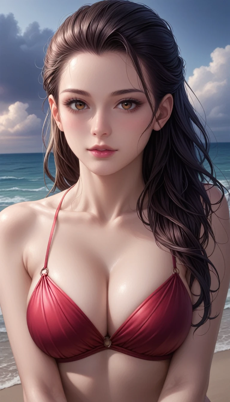 score_9, score_8_superior, score_7_superior, High-resolution CG illustration,A masterpiece in 32K resolution,Highest quality,it is really amazing,Very detailed,Ultra-high resolution,Ultra-realistic,Realistic,Increased depth of field,Cinematic lighting,
Sexy mature Japan woman,
Straight long hair with black hair,Showing his forehead,Ultra-detailed and beautiful face,Calm and gentle look,Beautiful brown eyes,Glossy, moisturized skin,Translucent white skin,Realistic skin texture,Great proportions,
Elegant red swimsuit,
Simple design,Chic color scheme based on red,Detailed fabric texture,
(Dark overcast sky on a dull night:1.1),(Dark clouds filling the sky:1.1),Thundercloud,Coastline at night,Stormy seas,delay々A desolate sandy beach that continues,
Beautiful cleavage,High angle,