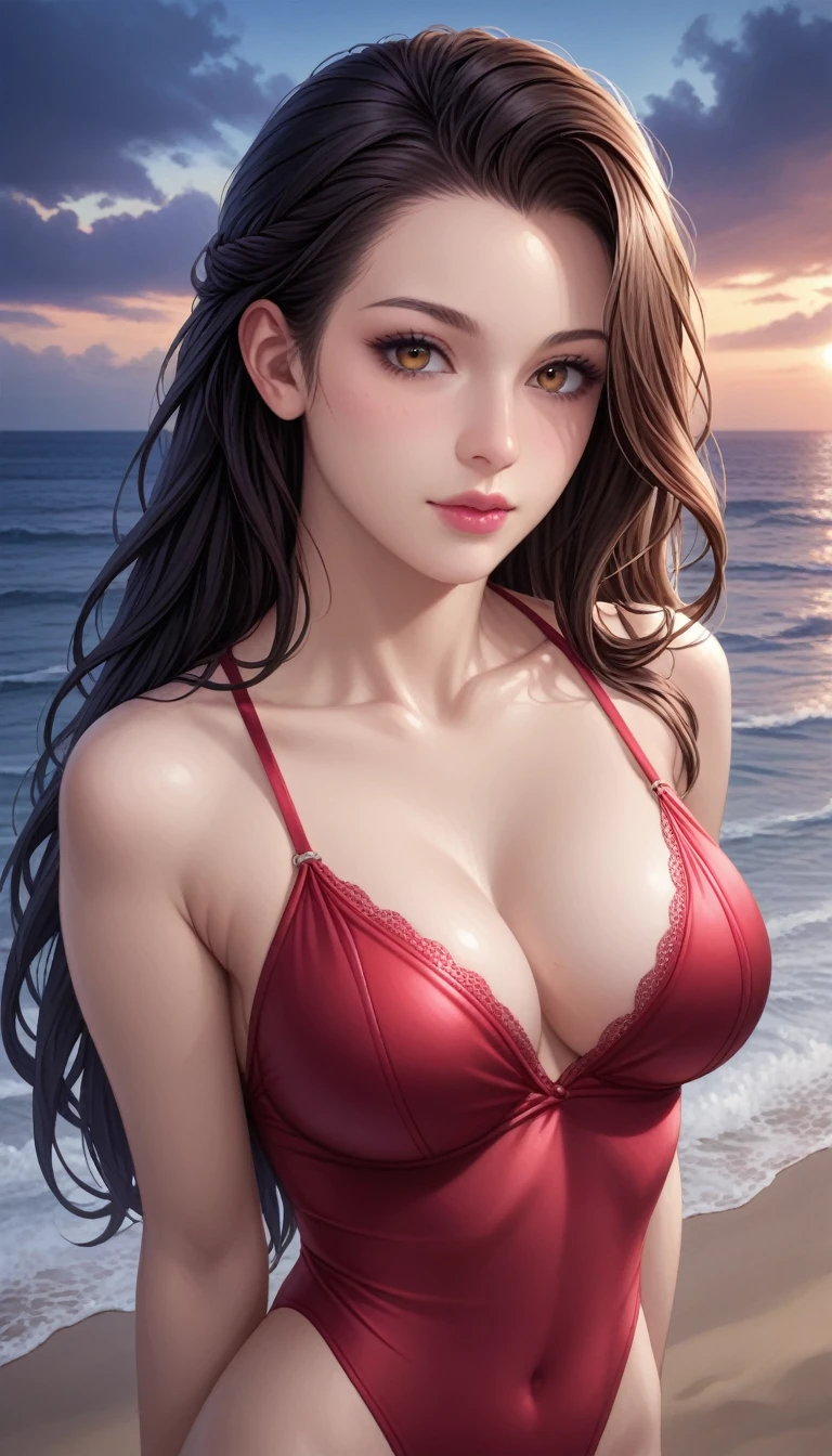 score_9, score_8_superior, score_7_superior, High-resolution CG illustration,A masterpiece in 32K resolution,Highest quality,it is really amazing,Very detailed,Ultra-high resolution,Ultra-realistic,Realistic,Increased depth of field,Cinematic lighting,
Sexy mature Japan woman,
Straight long hair with black hair,Showing his forehead,Ultra-detailed and beautiful face,Calm and gentle look,Beautiful brown eyes,Glossy, moisturized skin,Translucent white skin,Realistic skin texture,Great proportions,
Elegant red swimsuit,
Simple design,Chic color scheme based on red,Detailed fabric texture,
(Dark overcast sky on a dull night:1.1),(Dark clouds filling the sky:1.1),Thundercloud,Coastline at night,Stormy seas,delay々A desolate sandy beach that continues,
Beautiful cleavage,High angle,