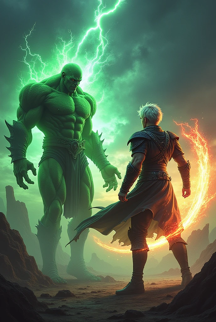 Make a tall man with an aesthetic body with medium messy white hair , that he has black and white clothes in a medieval style, make it have colored energy powers , blue, negro, green , Red and yellow, hazlo peleando contra un ser humaoide pelón de su misma altura green con poderes de energía green