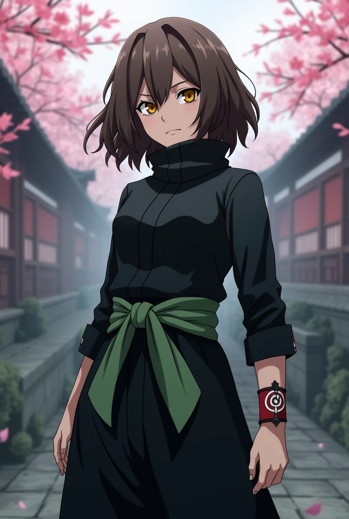 A character from Naruto: the last do clã Hyuuga com olhos de Byakugan, brown curly hair that hits the shoulder. Your black clothes with small green details, a bandana around the waist and the symbol of his clan on his arms.
