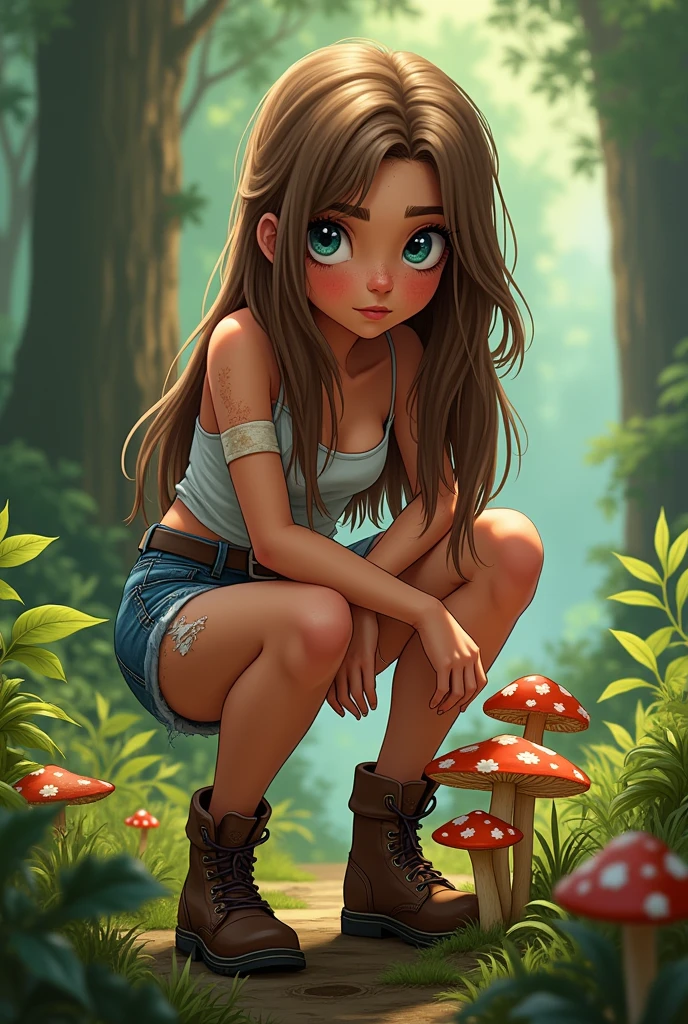 Gravity Falls, Female gender, age 15, long light brown hair, long messy bangs, large dark blue eyes with long eyelashes, many freckles, pale skin flushed cheeks, Skinny body, medium wide hips, ripped denim shorts, coffee boots, just a dirty white tank top, a bandage on the forearm, a scar on the left thigh.
They are in a forest collecting mushrooms.