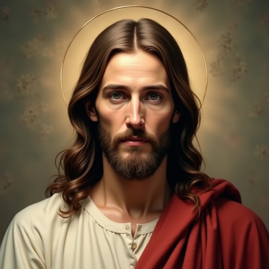 A front-facing image of Jesus Christ with a neutral expression, positioned centrally in the frame with good, even lighting that illuminates His face clearly. His features are calm and serene, with no shadows or obstructions covering any part of His face. ensuring that the details of His facial features are clearly visible. Jesus is depicted in traditional robes, with a soft background that complements but does not distract from the focus on His fa