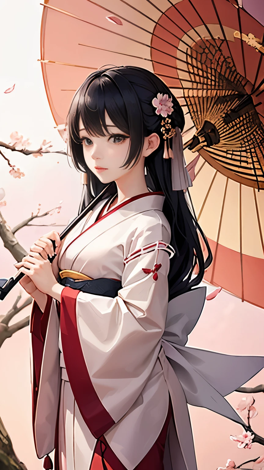"Create an ethereal cherry blossom fairy in a traditional Japanese style, set in a serene, ancient Japanese garden. The fairy stands gracefully under a canopy of full-bloomed cherry blossoms, surrounded by a scattering of pink petals. In the background, a red torii gate and stone lanterns add a mystical atmosphere. The fairy has long, flowing black hair styled in a traditional Japanese updo, adorned with kanzashi hairpins and cherry blossom accessories. She wears a delicate kimono in soft pink and white hues, with sakura patterns and subtle gold embroidery. Her transparent wings resemble delicate washi paper with sakura motifs subtly embedded. The fairy's expression is gentle, with a serene smile and cool, tranquil eyes. She holds a traditional Japanese umbrella or a sakura branch, her movement poised and elegant. Soft moonlight or the glow from stone lanterns illuminates her, creating a magical and tranquil atmosphere, with colors mainly in soft pinks, whites, and hints of deep red and gold