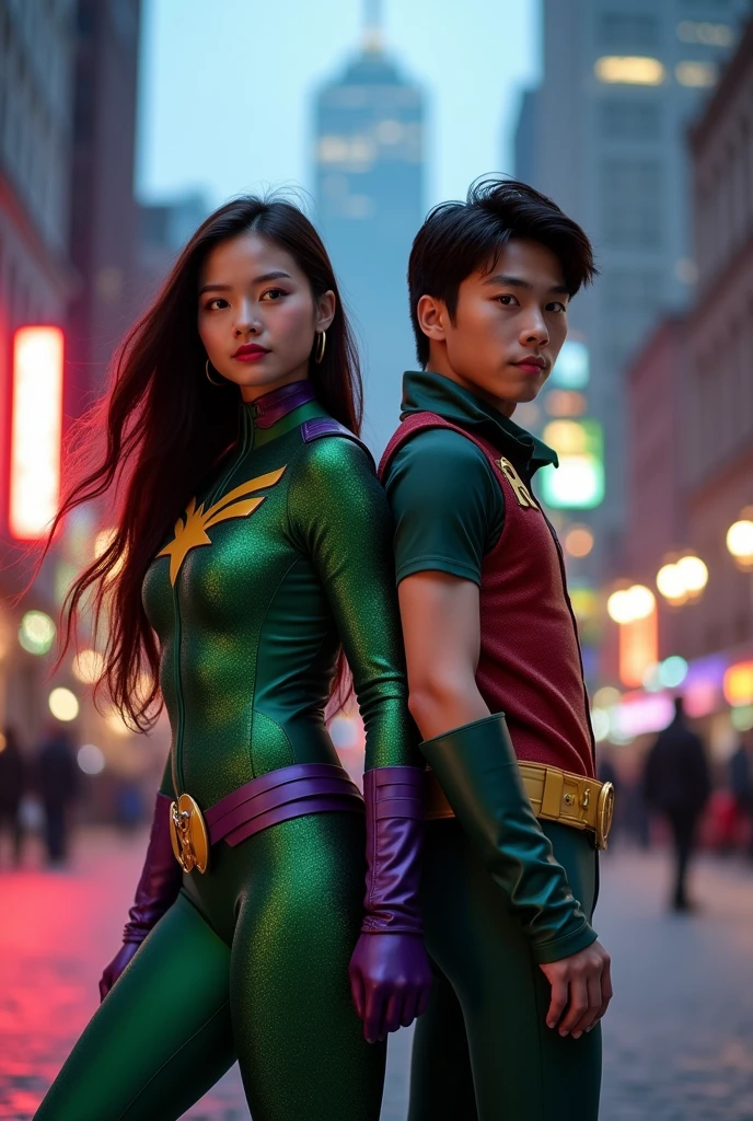 create an Asian girl with an Asian boy next to her with Starfire's clothes on the girl and for the boy with Robin's clothes. Starfire and Robin are from Teen Titans, the image has to be realistic, as if it were a photo