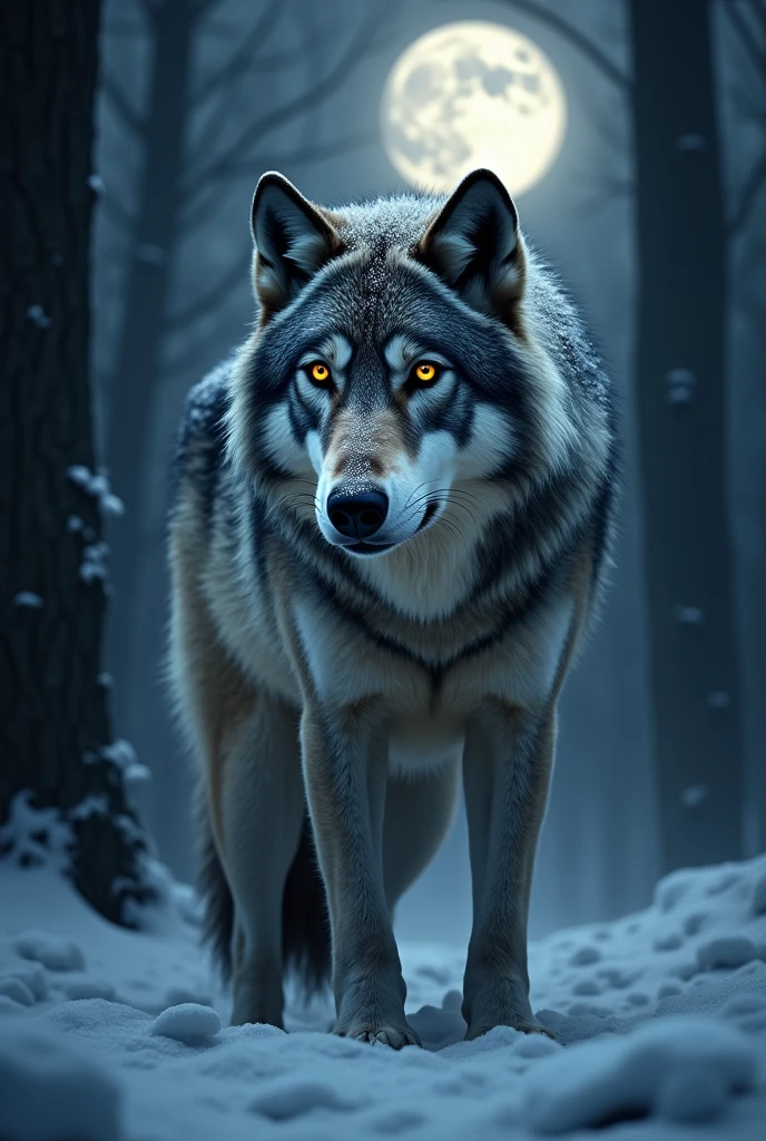 A fierce and majestic wolf stands tall in a dark, snow-covered forest under a full moon, facing the viewer directly. Its piercing eyes glow with a mix of ferocity and wisdom, exuding both power and respect. The wolf's fur is thick and frosted with snow, as gentle flakes fall from the night sky. The full moon casts a silver light over the scene, illuminating the wolf and creating sharp contrasts between the shadows of the ancient trees. The wolf appears ready to attack, its intense gaze locked on the camera, capturing the primal essence of the predator in its natural, nocturnal habitat.