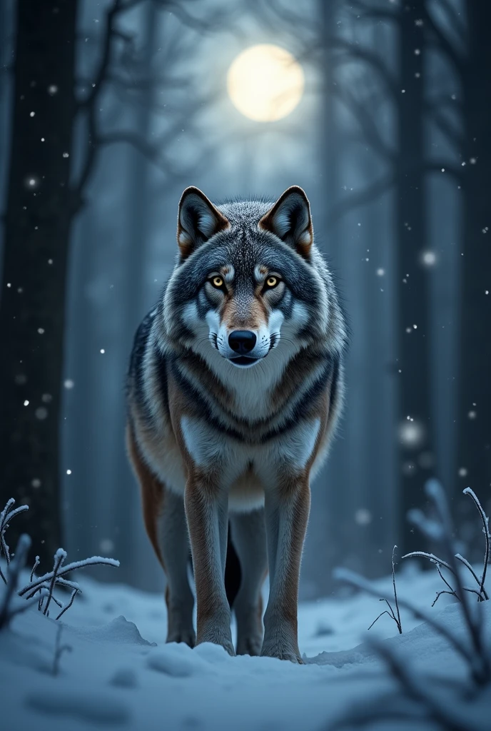 A fierce and majestic wolf stands tall in a dark, snow-covered forest under a full moon, facing the viewer directly. Its piercing eyes glow with a mix of ferocity and wisdom, exuding both power and respect. The wolf's fur is thick and frosted with snow, as gentle flakes fall from the night sky. The full moon casts a silver light over the scene, illuminating the wolf and creating sharp contrasts between the shadows of the ancient trees. The wolf appears ready to attack, its intense gaze locked on the camera, capturing the primal essence of the predator in its natural, nocturnal habitat.