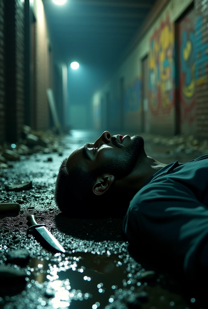 4k, ultra realistic, realistic, textured skin, crime scene, man, rated pg, dead body, knife