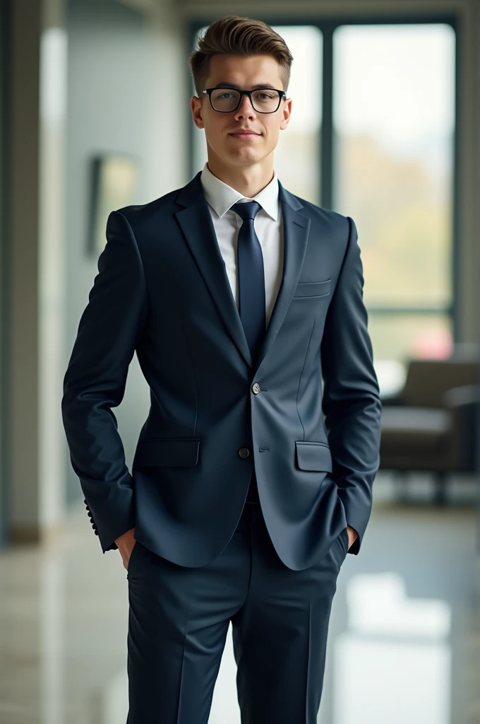 17 year old boy, having good fitness, wearing spectacles in formal dress 