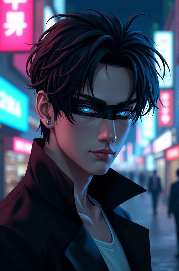Chico black hair apuesto, Satoru Gojo's haircut without the blindfold, blue eyes, Cold look, black hair, narcissistic smile