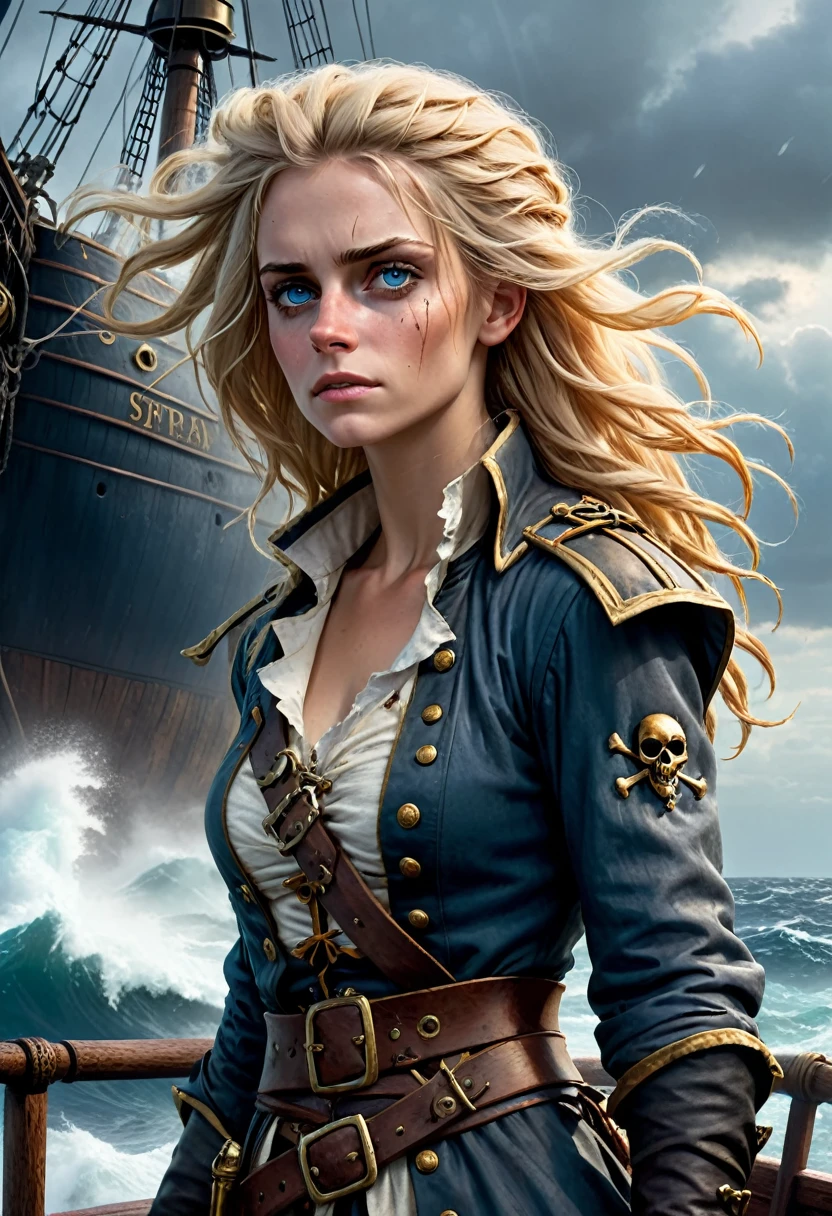 (Realistic:1.2), Grimy 24-year-old blonde pirate woman with weathered skin, sea-sprayed hair, and a salty gaze leaning against mast of. her storm-battered ship, a dagger by in her hand limp at her side, exhausted after another sea battle. The rough grey sea stretching out before her like an endless battlefield, waves crashing against the vessel's hull as dark, foreboding clouds gather on the horizon, an airship looming in the distance, its billowing sails tattered, the pirate's tunic a deep, rich blue with sea-worn whites and tawny leather accents, contrasting warm golden light on weathered wood and cold blue shadows, 8k hyper-real fantasy matte painting in the style of Simon Stalenhag, ZBrush textures and Unreal Engine 5, detailing reminiscent of Iain McCaig's concept art, loose brushstrokes echoing the rugged seascape my soulmate.