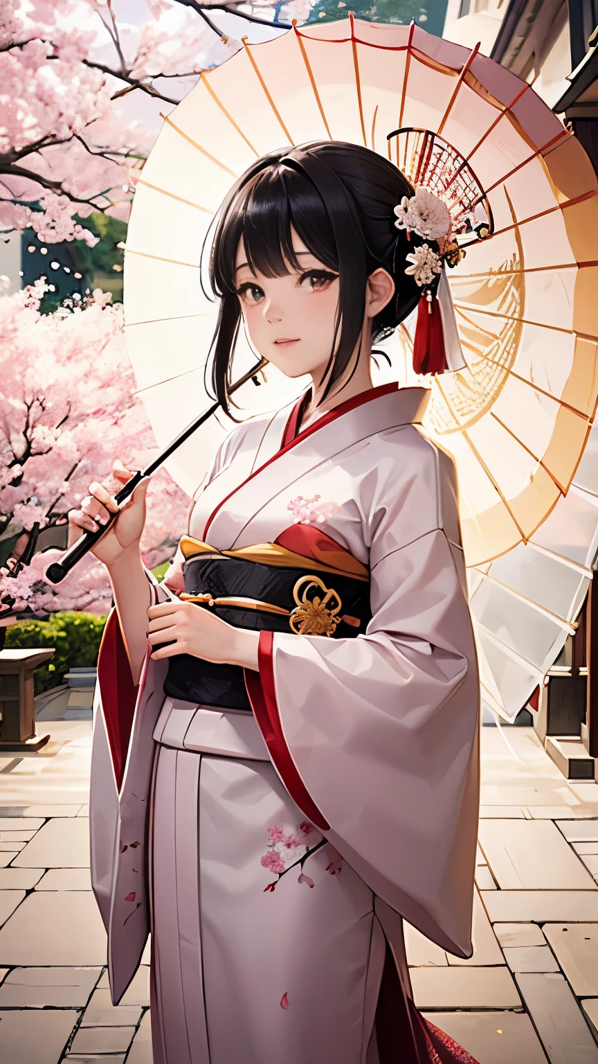 "Create an ethereal cherry blossom fairy in a traditional Japanese style, set in a serene, ancient Japanese garden. The fairy stands gracefully under a canopy of full-bloomed cherry blossoms, surrounded by a scattering of pink petals. In the background, a red torii gate and stone lanterns add a mystical atmosphere. The fairy has long, flowing black hair styled in a traditional Japanese updo, adorned with kanzashi hairpins and cherry blossom accessories. She wears a delicate kimono in soft pink and white hues, with sakura patterns and subtle gold embroidery. Her transparent wings resemble delicate washi paper with sakura motifs subtly embedded. The fairy's expression is gentle, with a serene smile and cool, tranquil eyes. She holds a traditional Japanese umbrella or a sakura branch, her movement poised and elegant. Soft moonlight or the glow from stone lanterns illuminates her, creating a magical and tranquil atmosphere, with colors mainly in soft pinks, whites, and hints of deep red and gold