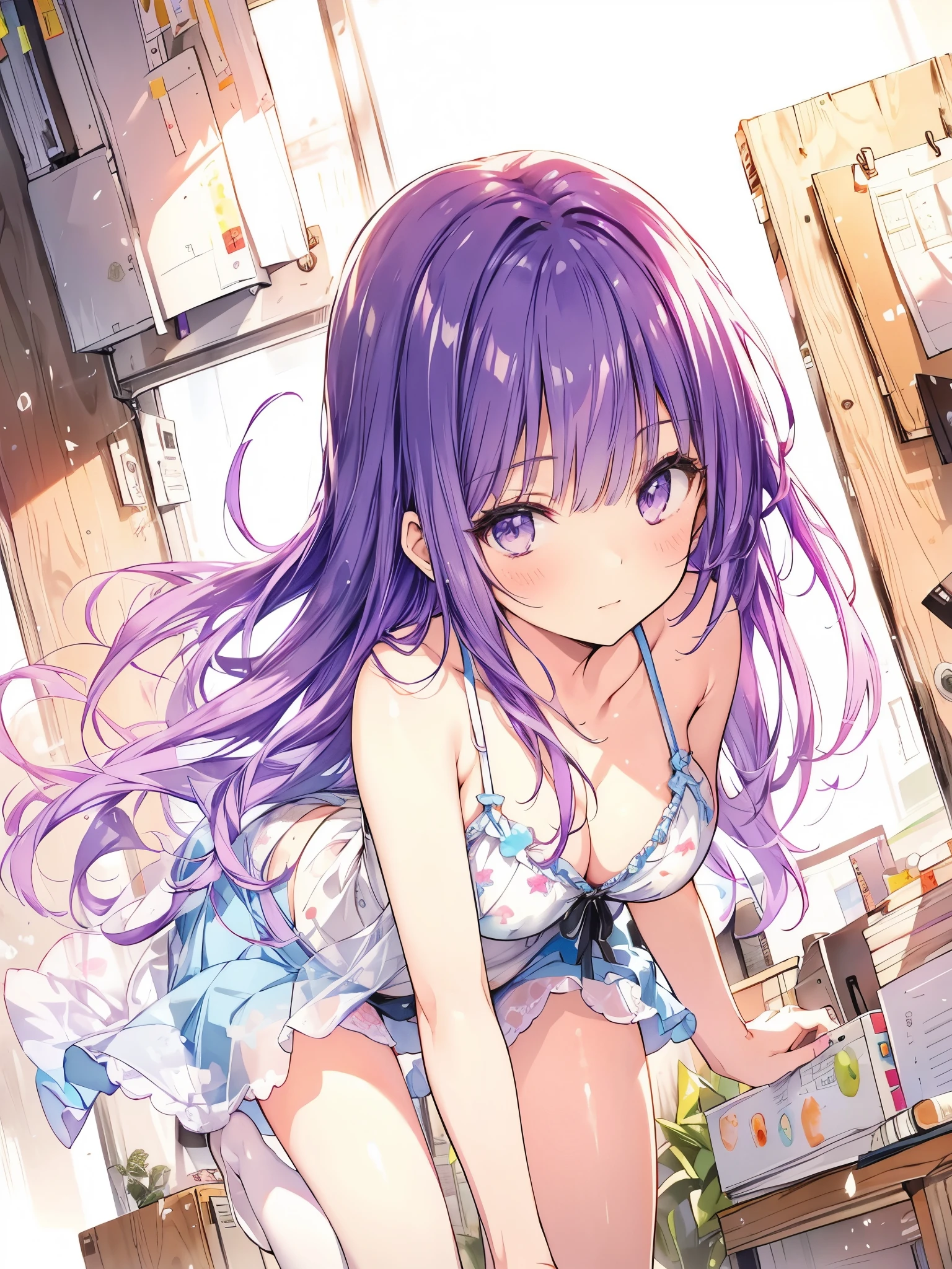 Official art using hand-drawn watercolor sketch technique　Half ass　A princess with purple hair in a mid-length style, in the midst of summer.　Office