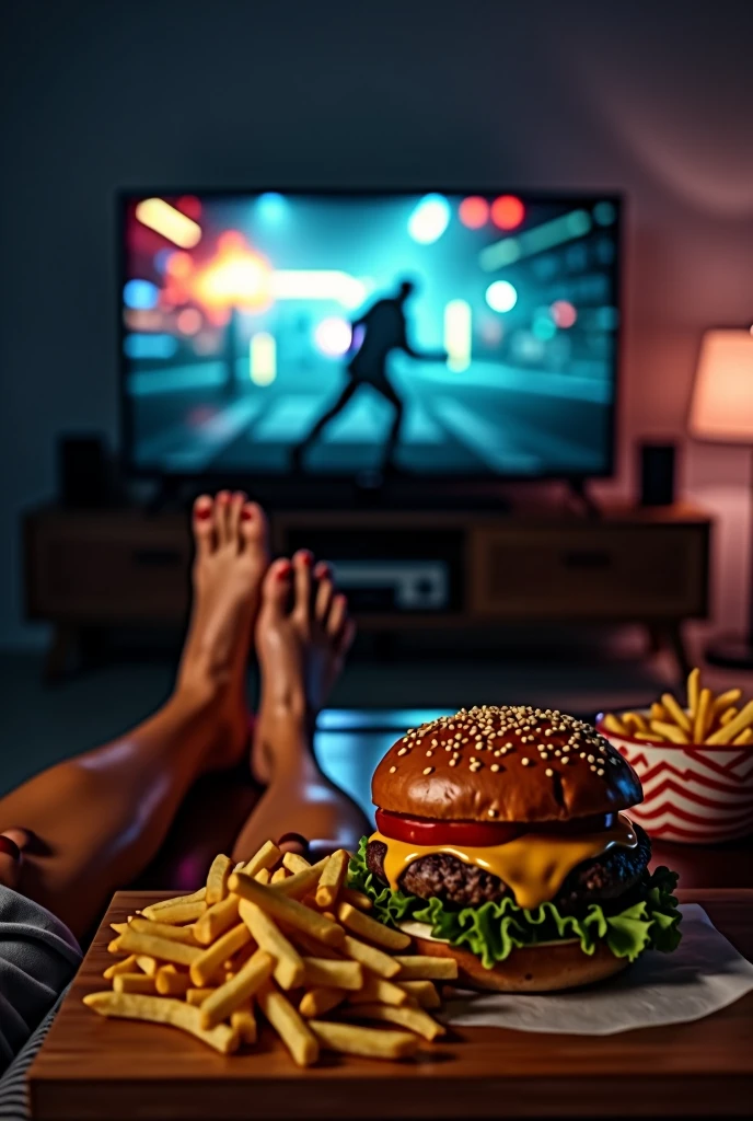 A room with the lights off, TV on with some action movie and on the table there are some snacks like french fries, hamburger and next to it, a woman's leg resting on the table with bare feet