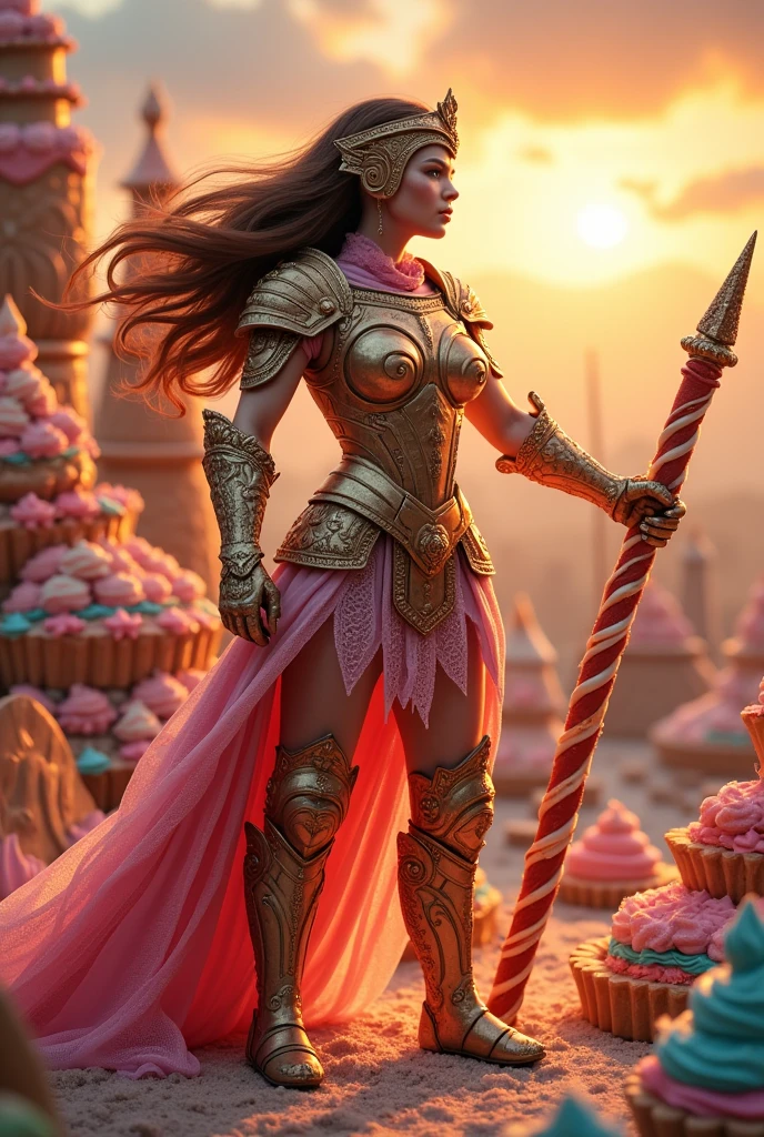 make an image that transmits overcoming,strength,warrior faith but make an image like this,but in the confectionery niche,that it be feminine,transmita bastante strength 💪 


