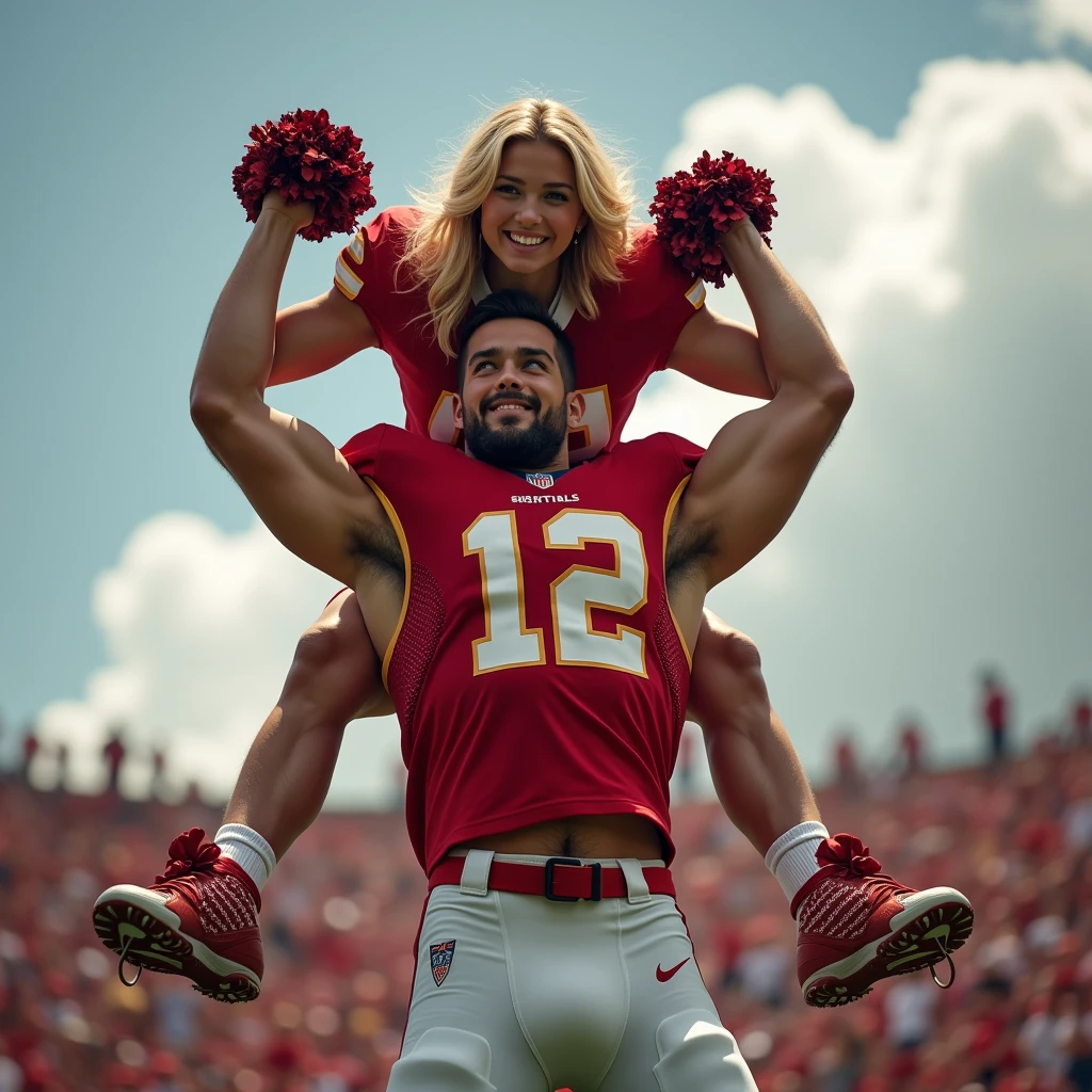 Blonde, Beautiful, and strong girl cheerleader lifting a large male football player high above her head with her strong arms. Photorealistic. View from a distance. Wide angle. Male on top.