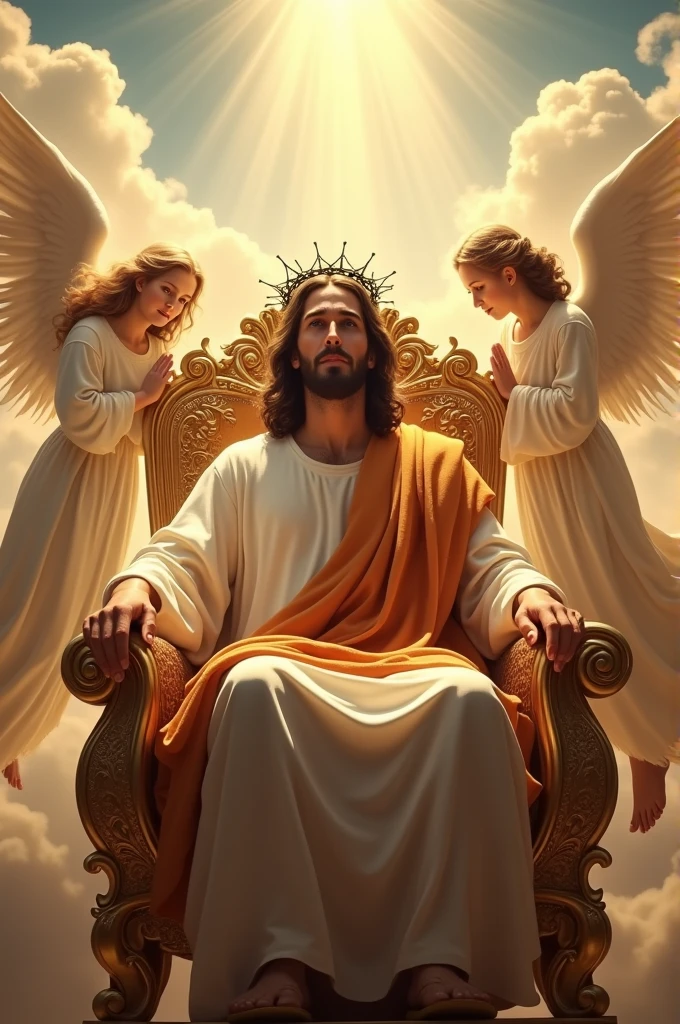 Jesus sitting on a throne in heaven,with the crown of thorns on his head,He is smiling for the camera,and by his side are shining angels