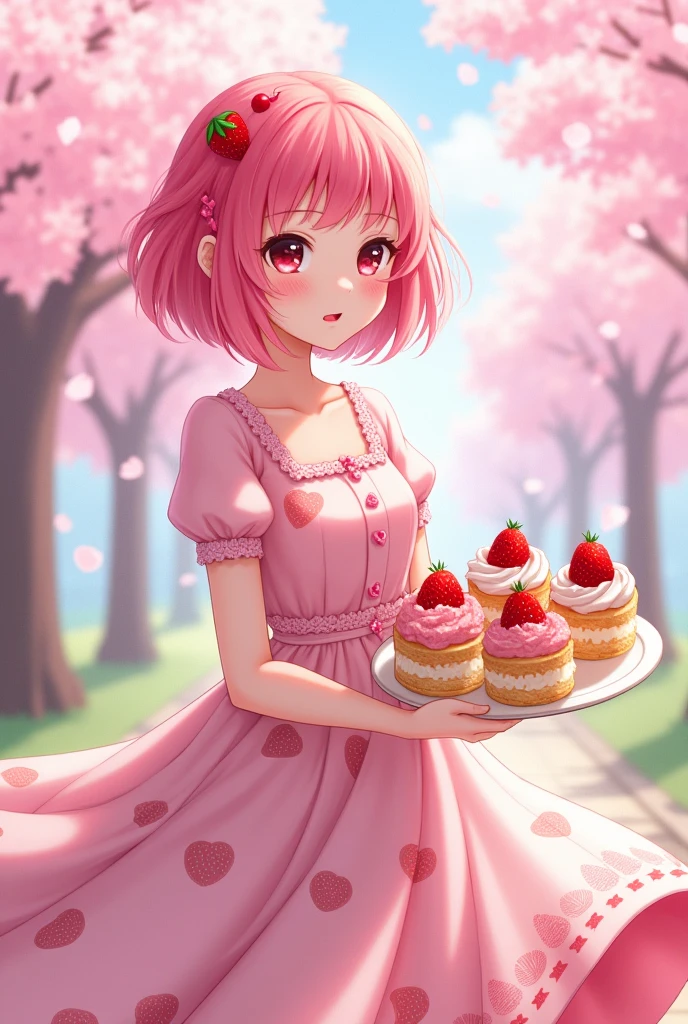 An anime style drawing of a girl with short pink hair and a cherry accessory on her head,dark pink eyes ,soft pink lips ,wearing a soft pastel pink dress with strawberry prints and in her hand she carries a tray of cake